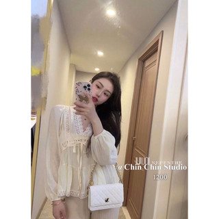 [ẢNH THẬT] ÁO TƠ CỔ V PHỐI REN THẮT ĐAI NƠ ATCVPR