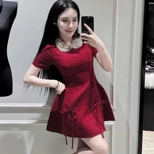 Đầm Váy Nữ Cổ Sen Kim Tuyến Phối Nơ Xinh mặc Noel Noen Tết Dự Tiệc