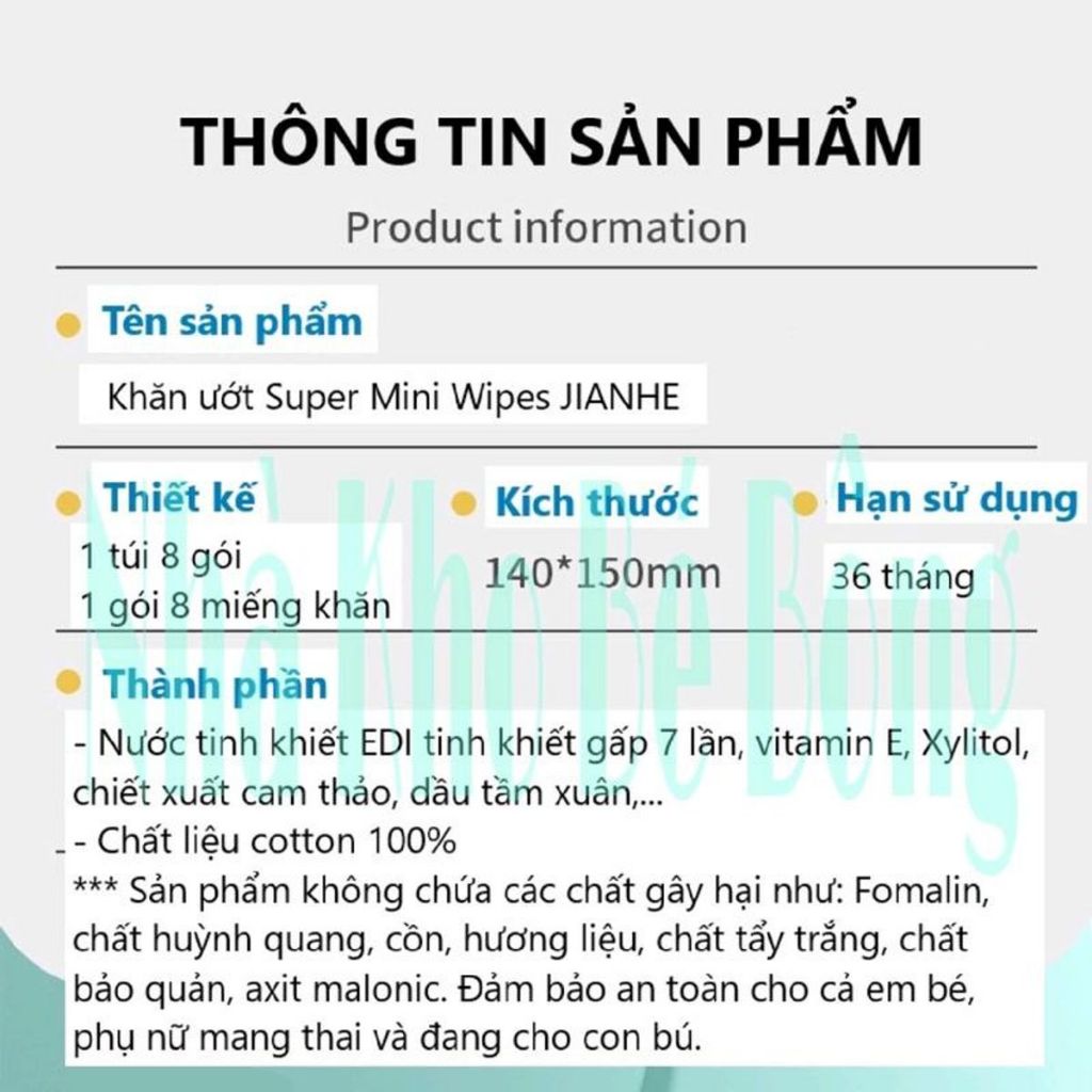 [COMBO 5 Túi - 40 Gói ] Khăn Ướt Mini Không Mùi Nhỏ Gọn Tiện Lợi Khăn Giấy Ướt Cho Bé ( 5 Túi- 320 Miếng )