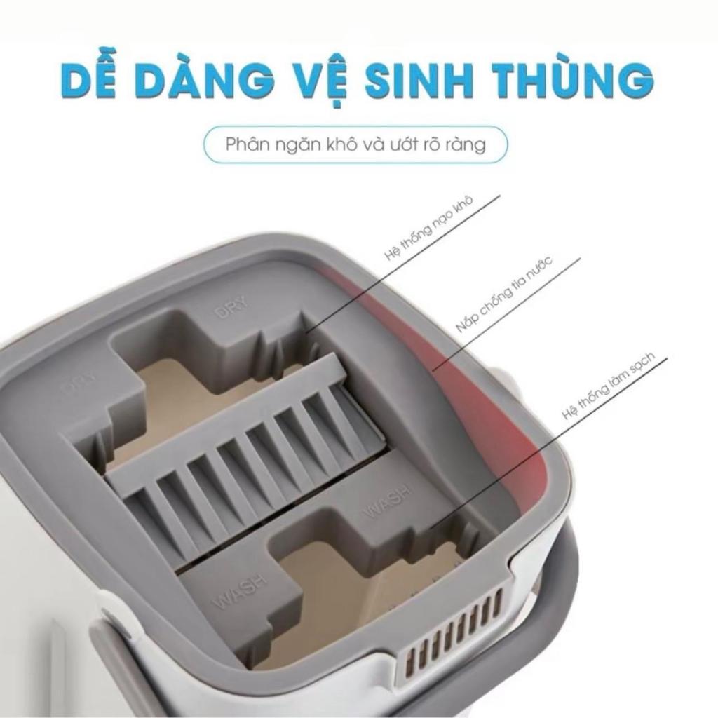 Chổi Lau Nhà (1 thùng -1 cây lau- 4 miếng lau), Thùng Lau Sàn Làm Sạch Inox thùng nhựa abs có thể xoay thông minh