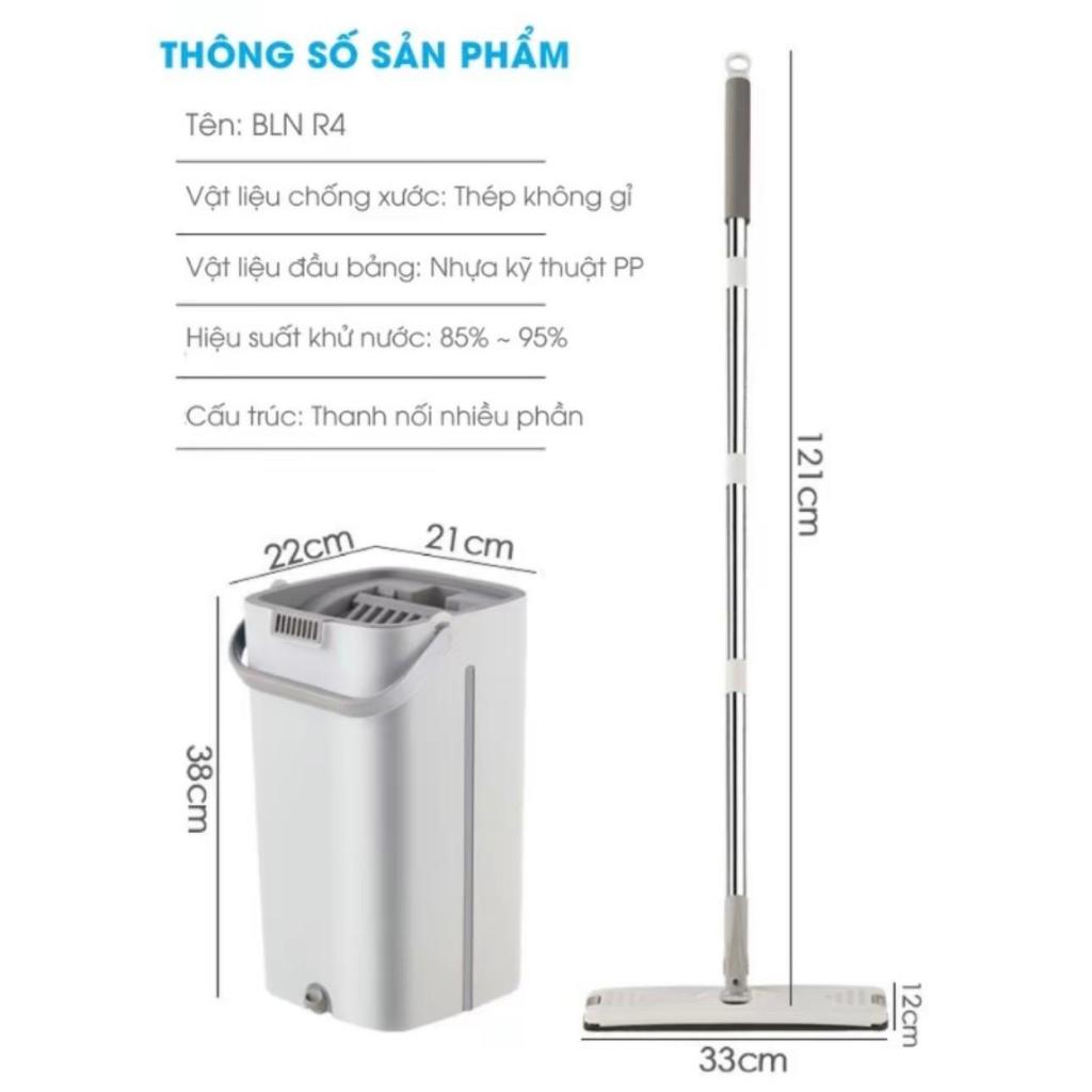 Chổi Lau Nhà (1 thùng -1 cây lau- 4 miếng lau), Thùng Lau Sàn Làm Sạch Inox thùng nhựa abs có thể xoay thông minh