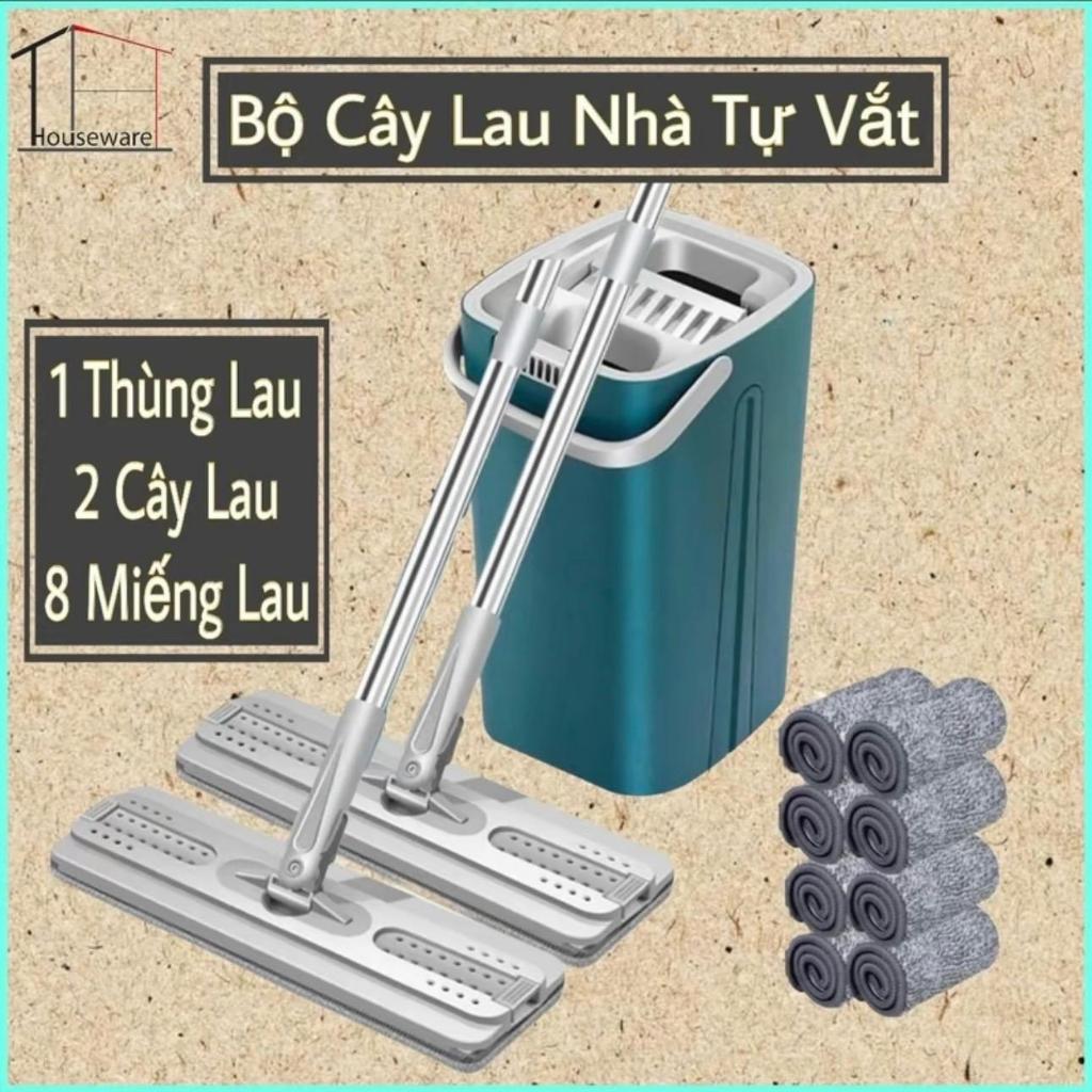 Bộ Cây Lau Nhà ( 1 thùng + 2 cây lau + 8 miếng lau) Tự Vắt Xoay 360 độ kèm bông lau, thùng lau sàn Làm Sạch Inox thùng n