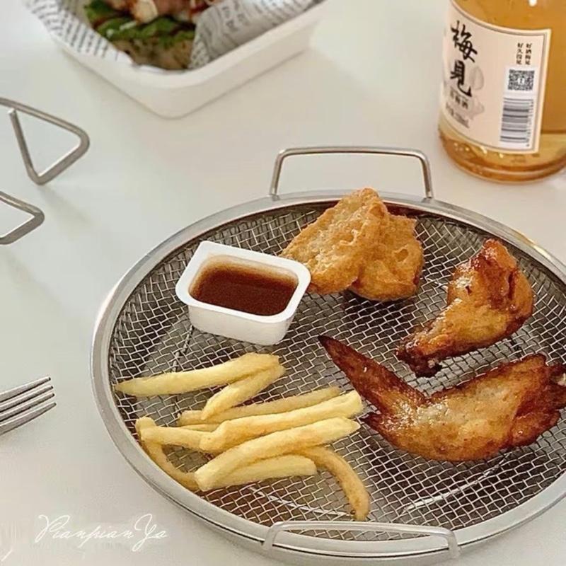 SET KHAY (ĐĨA) KÈM VỈ LƯỚI LỌC DẦU CHẤT LIỆU INOX 304 CAO CẤP, SIZE 20cm Rổ Lỗ