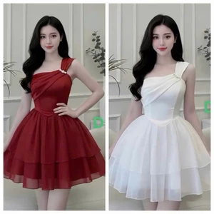 Váy Dự Tiệc Cổ Lệch Vai Đắp Chéo Đính Cườm Bechic – Đầm Ngắn Tafta Xòe Tầng (Đỏ/Trắng)