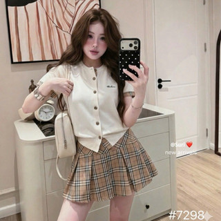 QCL1 Set áo phối kẻ + chân váy kẻ xếp ly siêu xinh