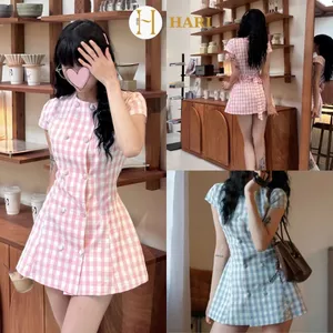 Váy caro Hari pastel dáng chữ A cổ tròn phối nút ngọt ngào 7388