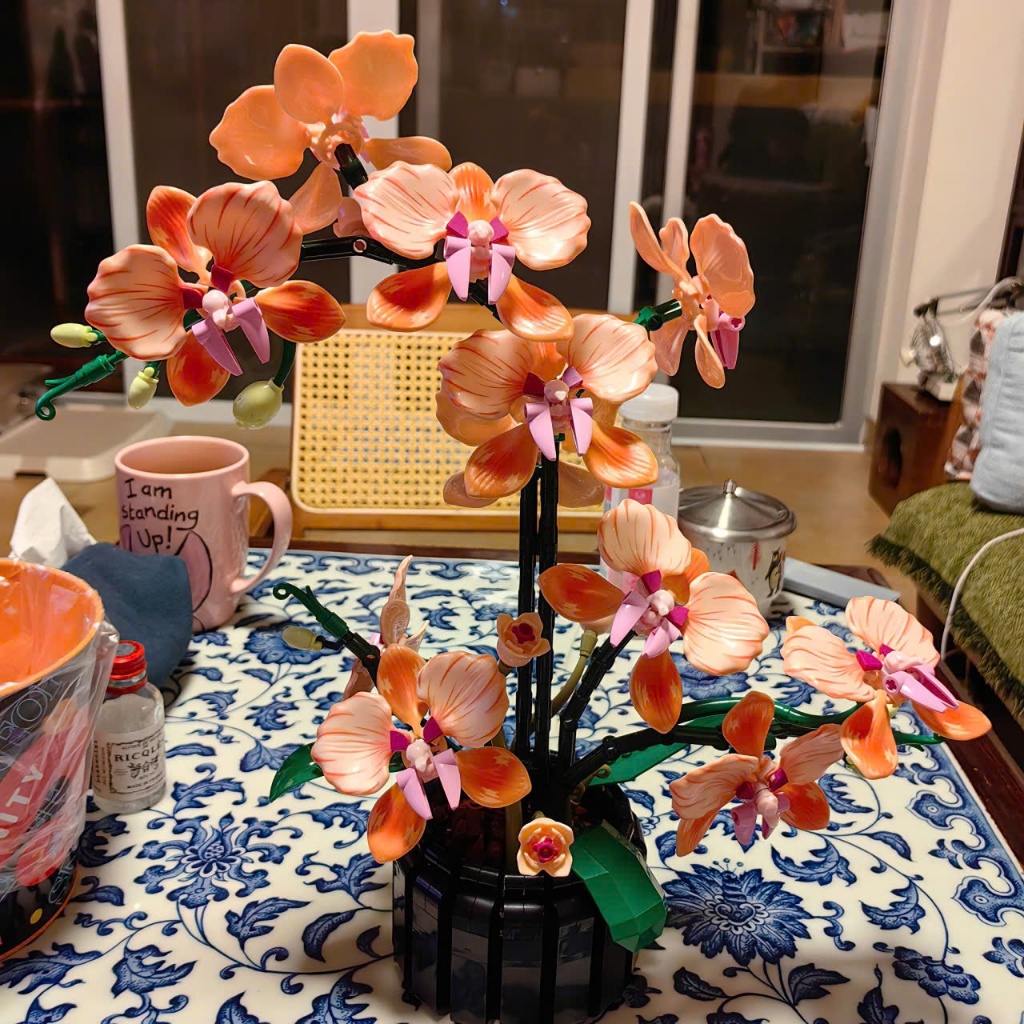 Lọ hoa lan vĩnh cửu lắp ráp, hoa lego vĩnh cửa trang trí bàn làm việc, văn phòng