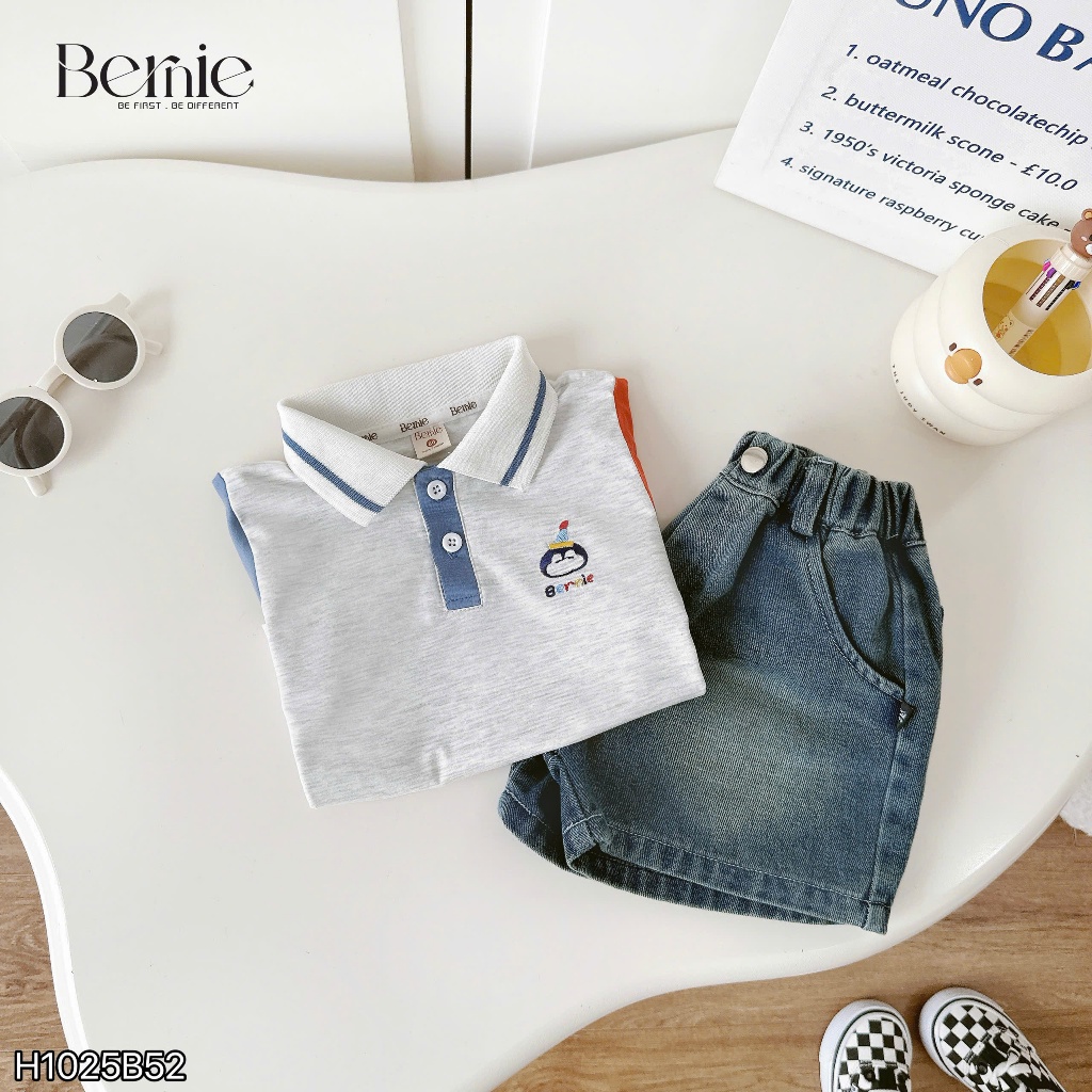 Bộ polo cổ đức phối quần bò cá tính bé trai, bộ polo happy brithday bé trai cá tính size cho bé 10 đến 27kg