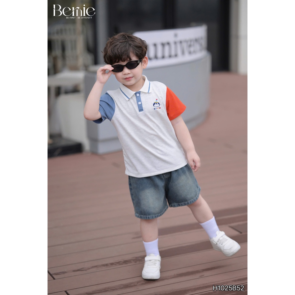 (Hãng Bernie)Bộ quần áo polo cộc tay họa tiết  hình chim cánh cụt,.chất áo cotton co giãn phối quần jean mềm mại cho bé