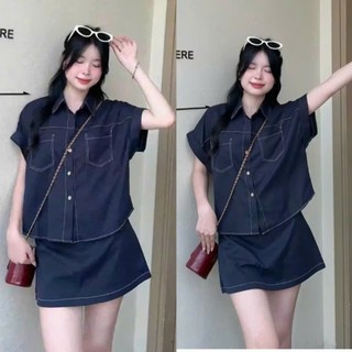 Set áo sơ mi cổ đức tay gập gấu kèm chân váy chữ A dáng ngắn có chun sau tôn dáng, Set đồ bộ