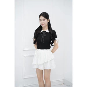 Elsun - Áo polo tiểu thư đen phối cổ trắng