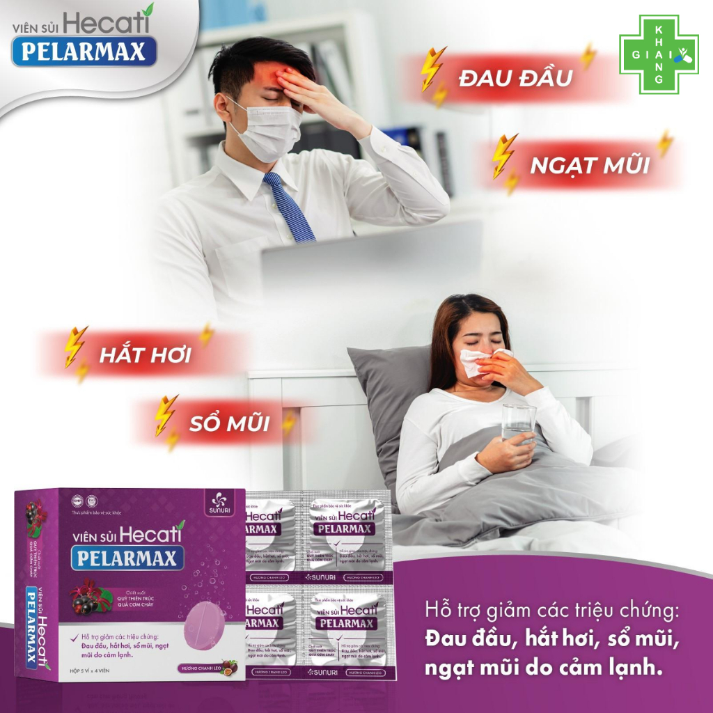 Viên sủi vị việt quất thơm ngon dễ uống giúp giảm ho, sổ mũi, đau nhức do cảm Hecati Pelarmax (Hộp 20 viên)