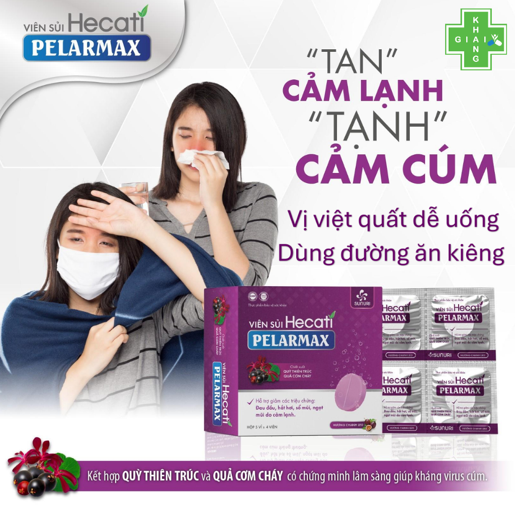 Viên sủi vị việt quất thơm ngon dễ uống giúp giảm ho, sổ mũi, đau nhức do cảm Hecati Pelarmax (Hộp 20 viên)