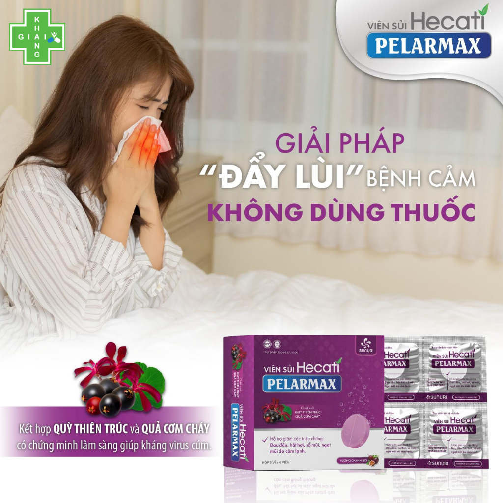 Viên sủi vị việt quất thơm ngon dễ uống giúp giảm ho, sổ mũi, đau nhức do cảm Hecati Pelarmax (Hộp 20 viên)
