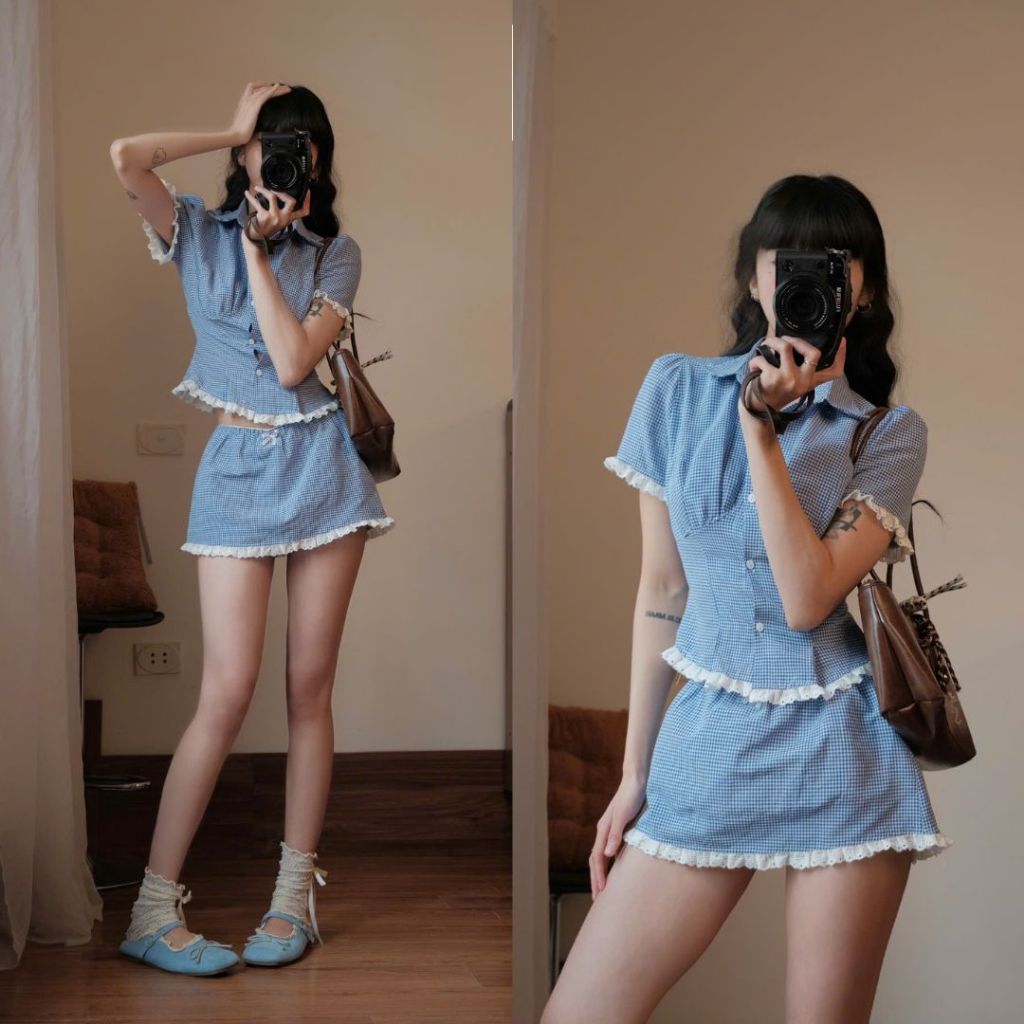 Set Áo Viền Bèo Tay Phồng Mix Chân Váy Cạp Chun Kèm Quần Bảo Hộ – Set Đồ Nữ Phong Cách Hàn Quốc Ulzzang Joolate 127