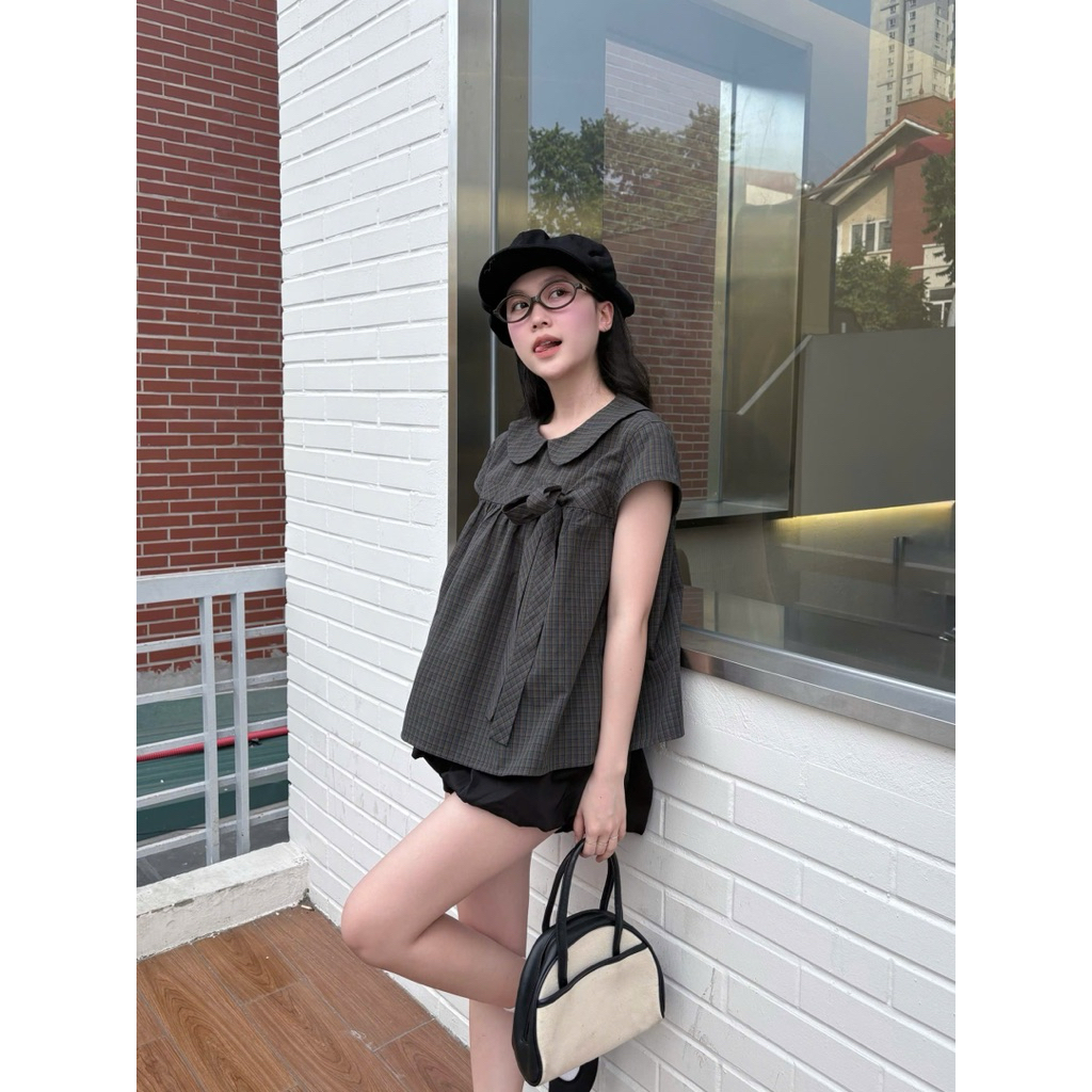 Áo babydoll KẺ CARO cổ sen cài nơ Nữ the.sweaterweather TSW