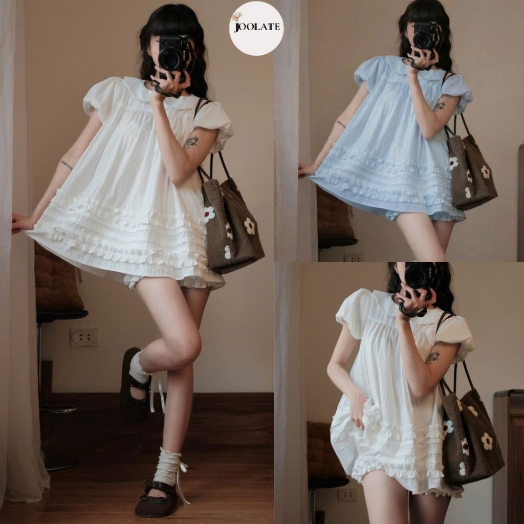 Áo Váy Babydoll Cổ Sen 2 Lớp Form Rộng Gấu Viền Bèo Kèm Quần Bí Phồng Bo Chun Mặc Đi Chơi Đi Biển Siêu Xinh JOOLATE