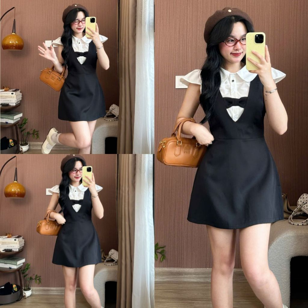 Set Váy Yếm Nơ Đen Phối Áo Sơ Mi Hari Cổ Sen Thanh Lịch – Set Đồ Nữ Phong Cách Tiểu Thư Hàn Quốc Joolate 115 P9