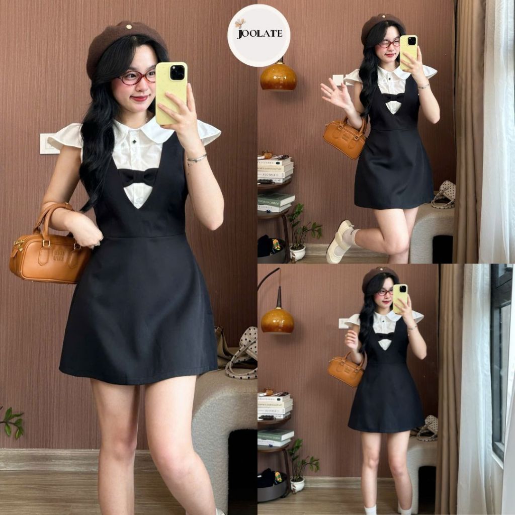 Set Váy Yếm Nơ Đen Phối Áo Sơ Mi Hari Cổ Sen Thanh Lịch – Set Đồ Nữ Phong Cách Tiểu Thư Hàn Quốc Joolate 115 P9
