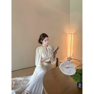 Set áo xếp ly tay bồng mix chân váy xếp ly dáng dài phong cách thanh lịch