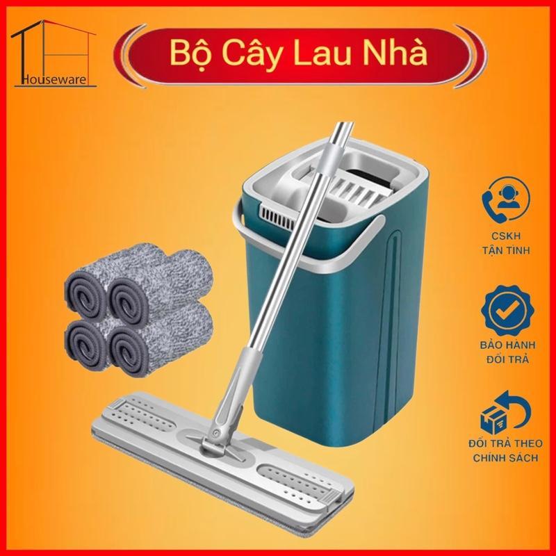 Chổi Lau Nhà (1 thùng -1 cây lau- 4 miếng lau), Thùng Lau Sàn Làm Sạch Inox thùng nhựa abs có thể xoay thông minh