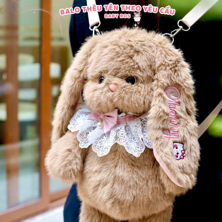 Balo Thỏ Bông Thêu Tên Tai Dài Tặng Yếm Cổ Ba Lô Thỏ Thêu Theo Yêu Cầu, Quà tặng em bé, thiếu nhi Baby Ros