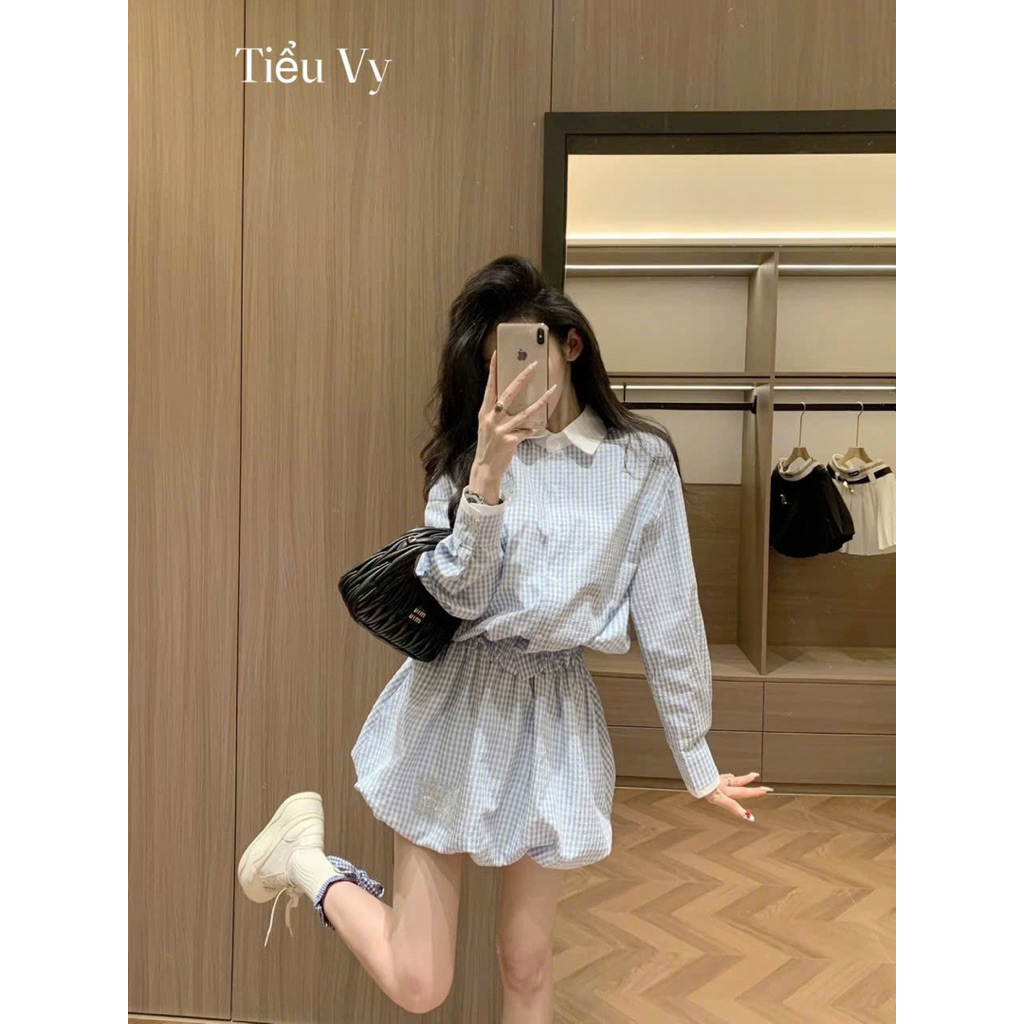 Set áo sơ mi chun chân váy bí phồng kẻ Miu Miu