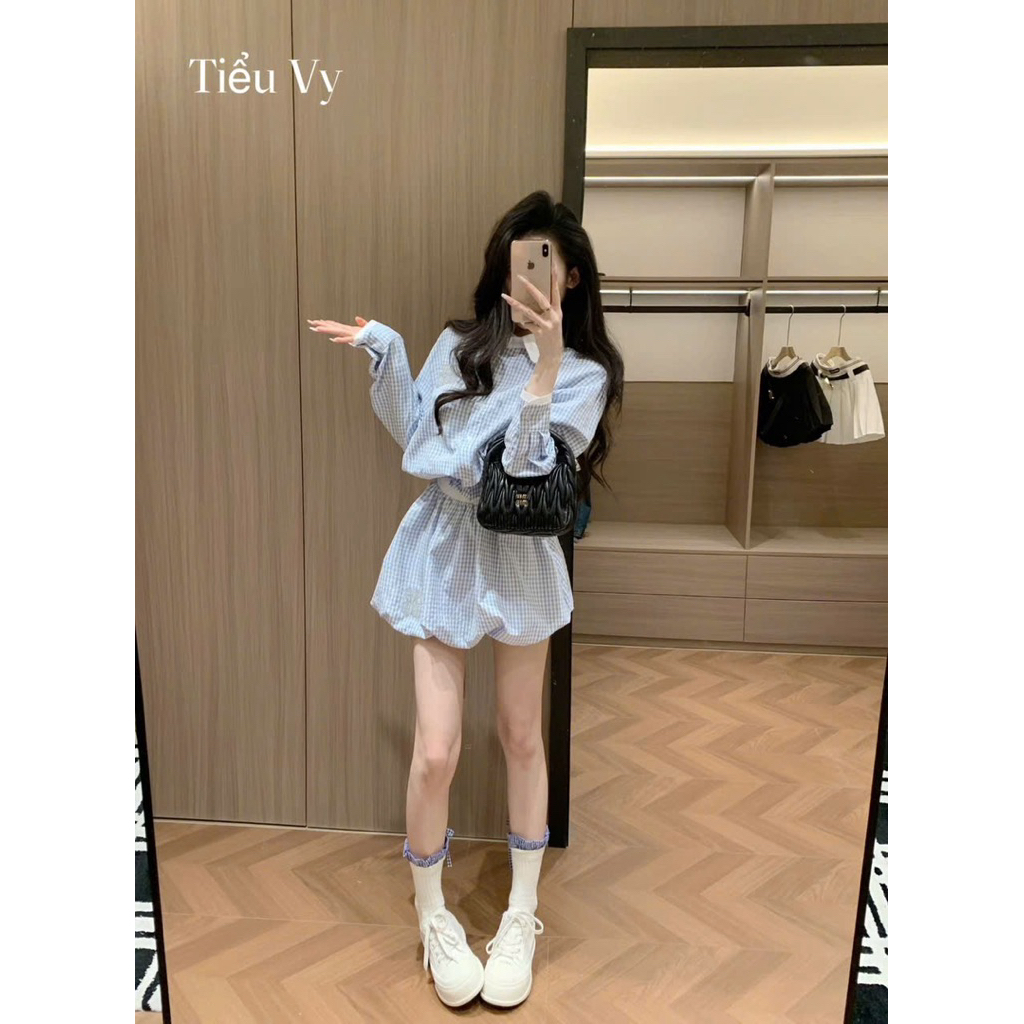 Set áo sơ mi chun chân váy bí phồng kẻ Miu Miu