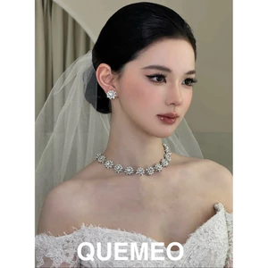 Bộ Trang Sức 2 Món Vòng Cổ Bông Tai SunFlower Đính Đá Kim Loại Mạ Màu Bạch Kim QUEMEO Trang Sức Cô Dâu Tiệc Cưới
