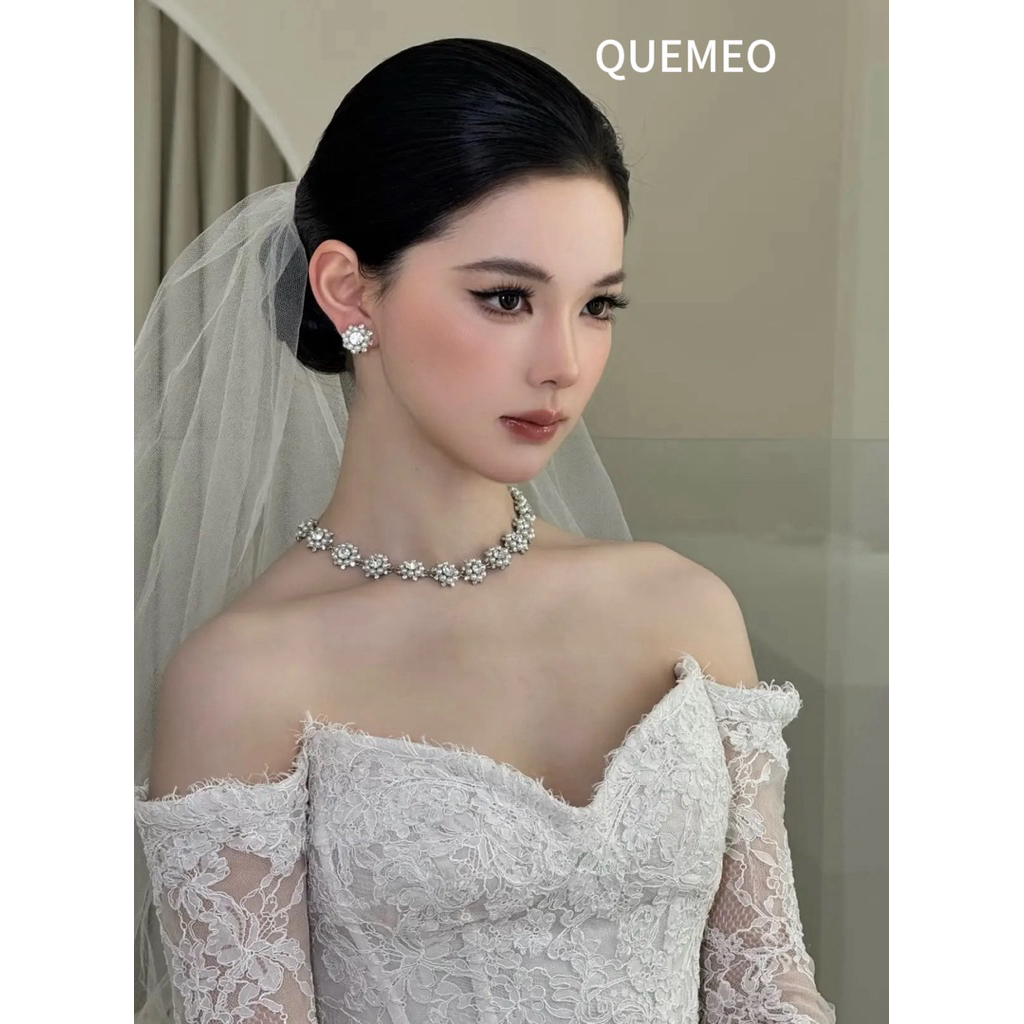 Bộ Trang Sức 2 Món Vòng Cổ Bông Tai SunFlower Đính Đá Kim Loại Mạ Màu Bạch Kim QUEMEO Trang Sức Cô Dâu Tiệc Cưới