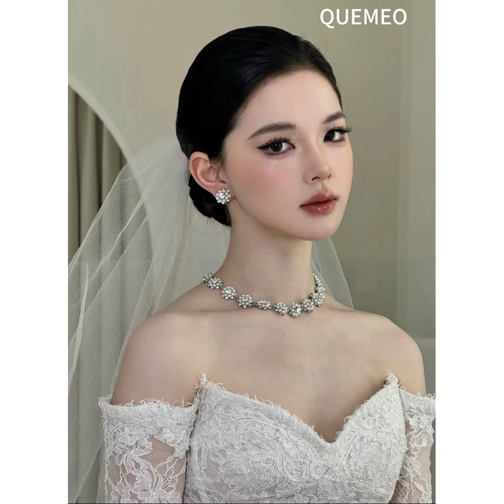 Bộ Trang Sức 2 Món Vòng Cổ Bông Tai SunFlower Đính Đá Kim Loại Mạ Màu Bạch Kim QUEMEO Trang Sức Cô Dâu Tiệc Cưới