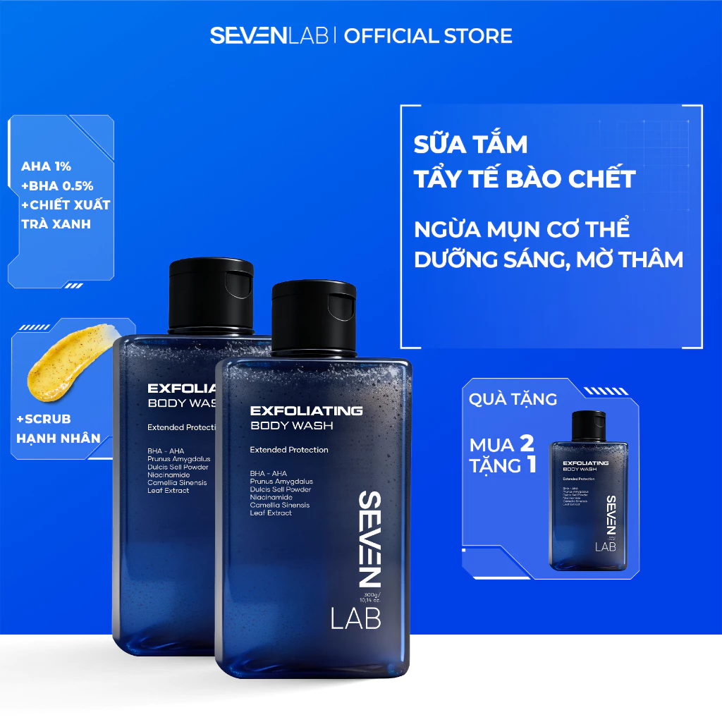 Sữa tắm tẩy tế bào chết SEVENLAB 300ml giúp giảm mụn lưng, hỗ trợ dưỡng trắng da, hương nam tính