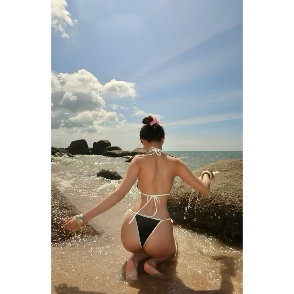 EMMA Bikini 2 Mảnh Hoạ Tiết Chấm Bi Đính Nơ Ruy Băng, Viền Hồng Trắng Sexy | BigBuy360 - bigbuy360.vn