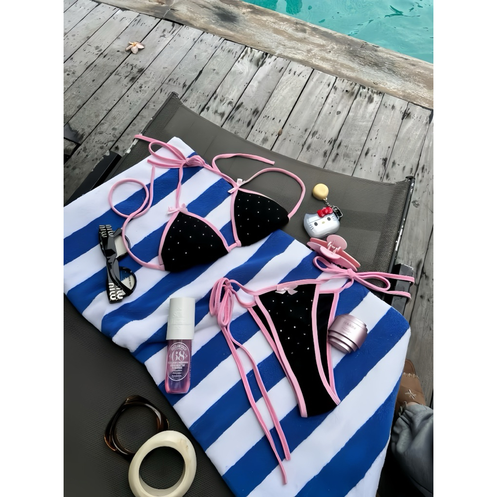 EMMA Bikini 2 Mảnh Hoạ Tiết Chấm Bi Đính Nơ Ruy Băng, Viền Hồng Trắng Sexy | BigBuy360 - bigbuy360.vn