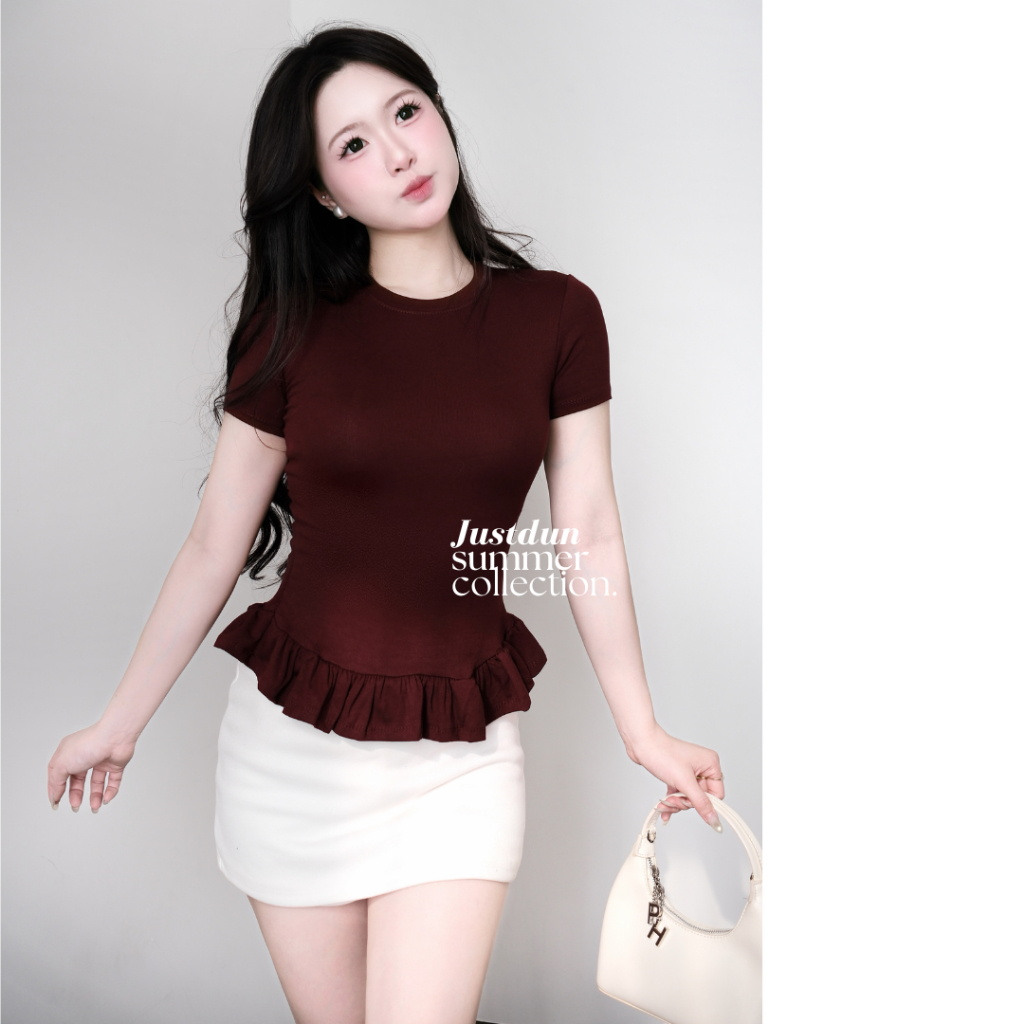 Áo Thun Nữ Ôm Body Cộc Tay JUSTDUN E15 - Phối Viền Bèo Xinh, Cotton Mịn Cao Cấp, Tôn Dáng