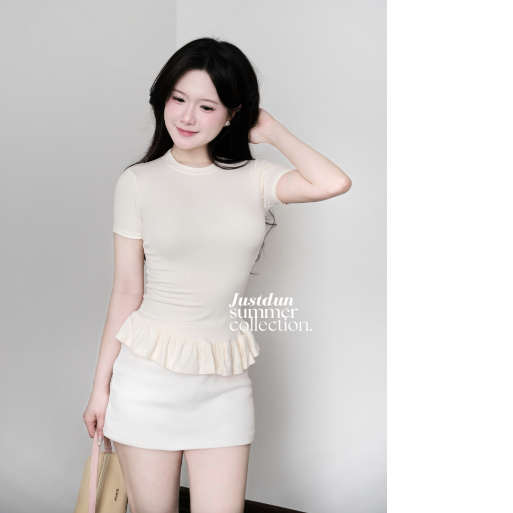 Áo Thun Nữ Ôm Body Cộc Tay JUSTDUN E15 - Phối Viền Bèo Xinh, Cotton Mịn Cao Cấp, Tôn Dáng