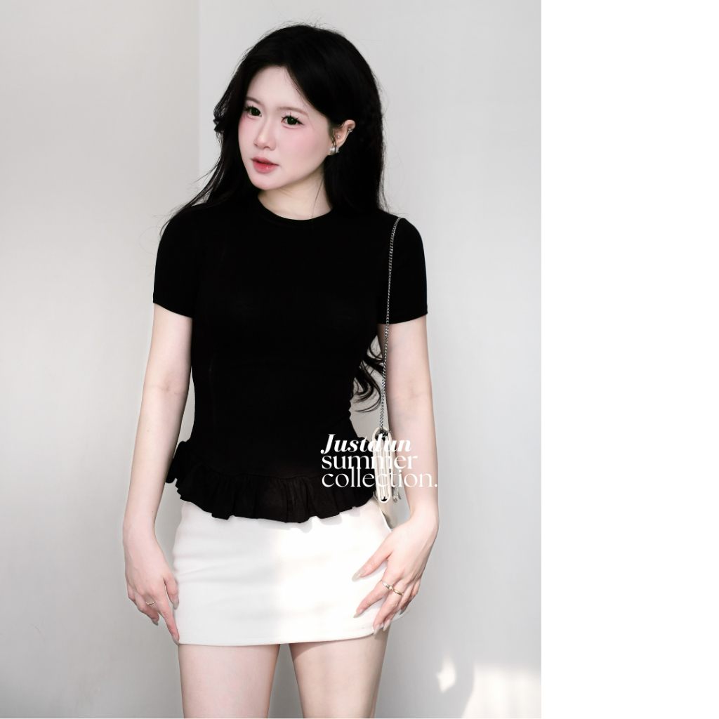 Áo Thun Nữ Ôm Body Cộc Tay JUSTDUN E15 - Phối Viền Bèo Xinh, Cotton Mịn Cao Cấp, Tôn Dáng