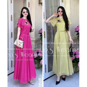 G216 LEOSWEARING Set áo croptop cổ tròn, tay ngắn kèm hoa cài và đầm dây tơ xanh cốm