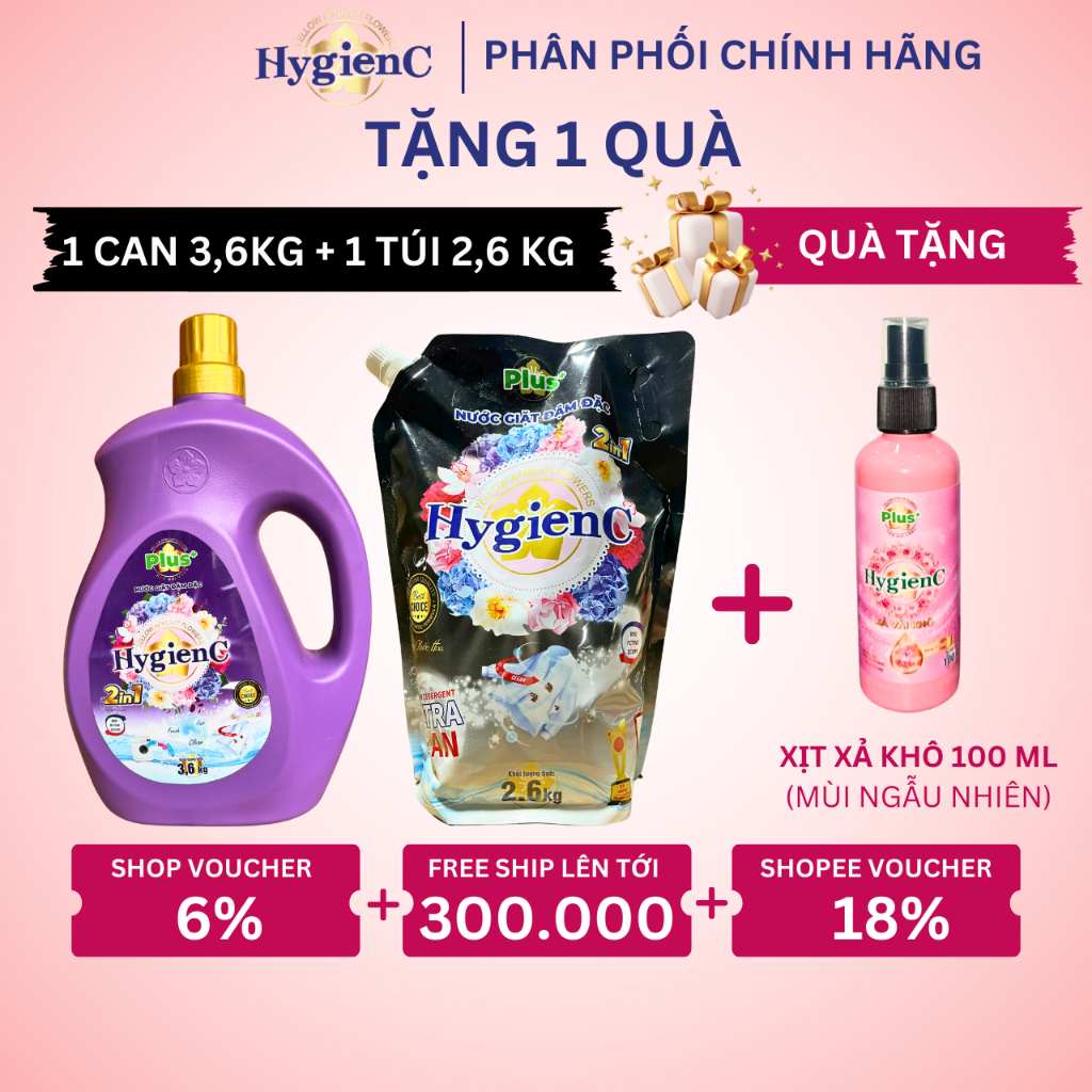 Combo 2: 1 Can Giặt 3,6kg + 1 Túi Giặt 2,6kg HygienC Plus Đậm Đặc Hương Nước Hoa