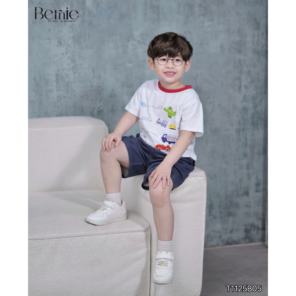 Set cộc tay Bernie in họa tiết traffic sắc màu phối quần short da cá cho bé trai 9-28kg