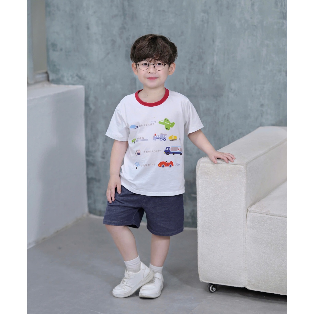 Set cộc tay Bernie in họa tiết traffic sắc màu phối quần short da cá cho bé trai 9-28kg