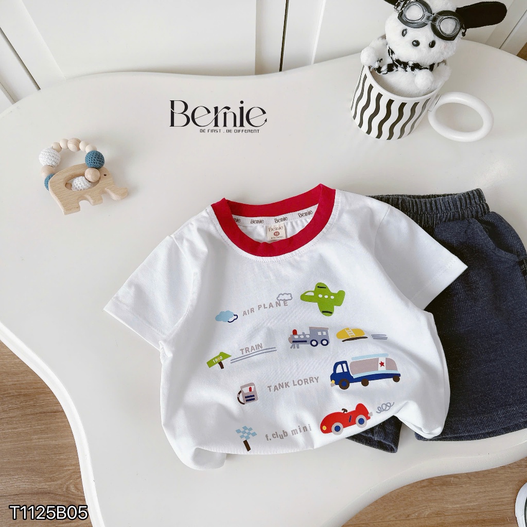 Bộ cotton cộc tay in hoạ tiết ô tô phối quần giả bò, set bộ thun cổ tròn cộc tay mềm mát