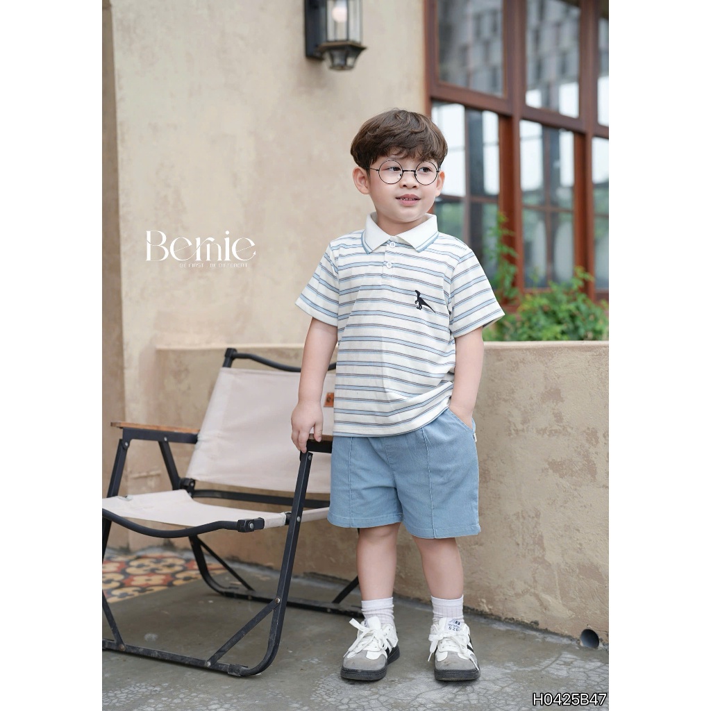 (Hãng Bernie)Bộ quần áo polo cộc tay polo họa tiết kẻ khủng long ,.chất áo cotton co giãn phối quần kaki jean mềm mại