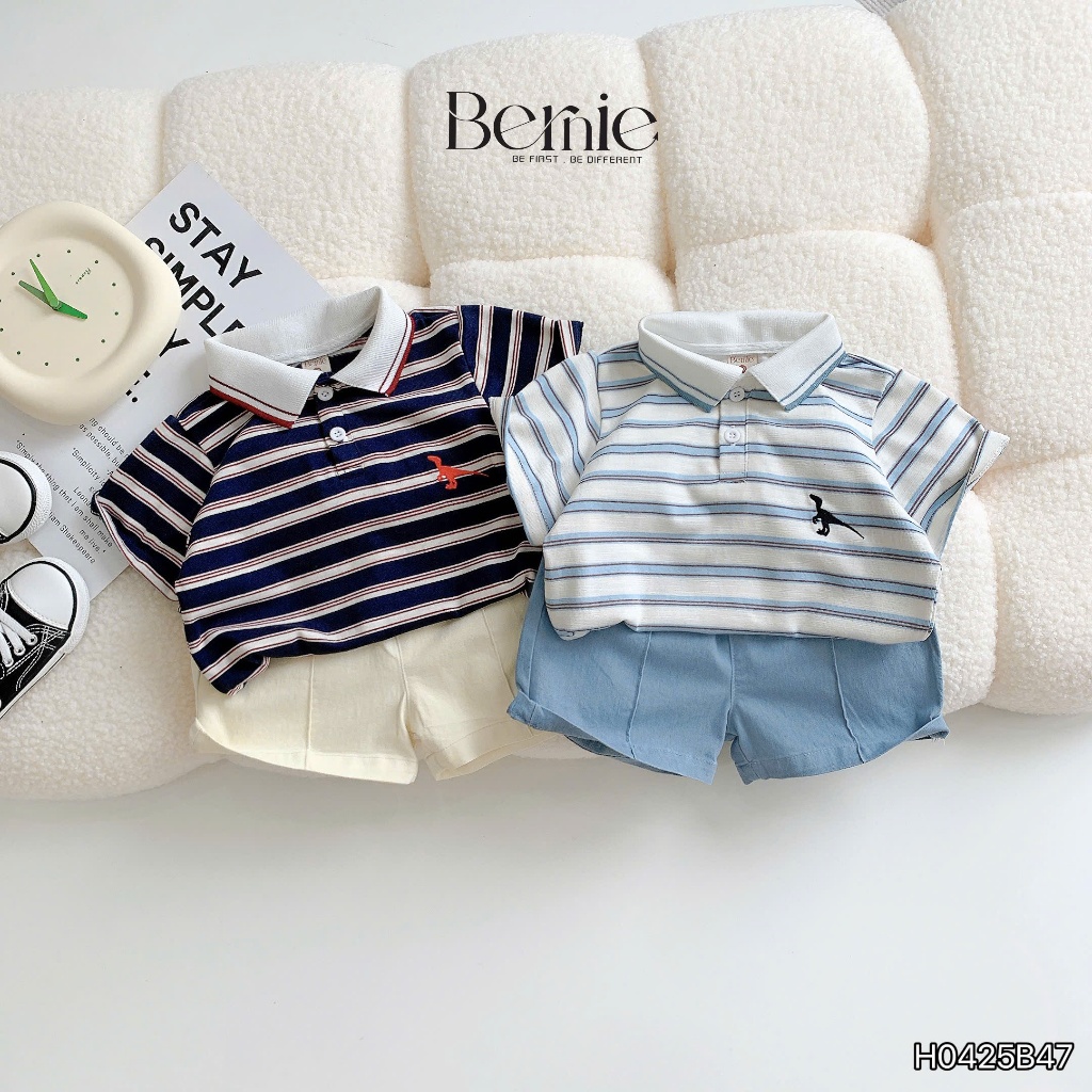 (Hãng Bernie)Bộ quần áo polo cộc tay polo họa tiết kẻ khủng long ,.chất áo cotton co giãn phối quần kaki jean mềm mại