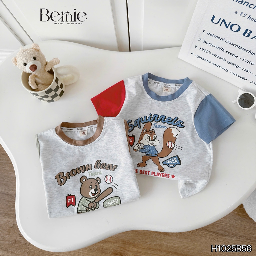 Bộ cotton tay phối in hình gấu bé trai sành điệu, bộ thun cổ tròn quần kaki fom đẹp cho bé trai