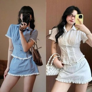 Set Áo Viền Bèo Mix Chân Váy Cạp Chun Kèm Quần Bảo Hộ Phong Cách Hàn Quốc 247Store Mã 127