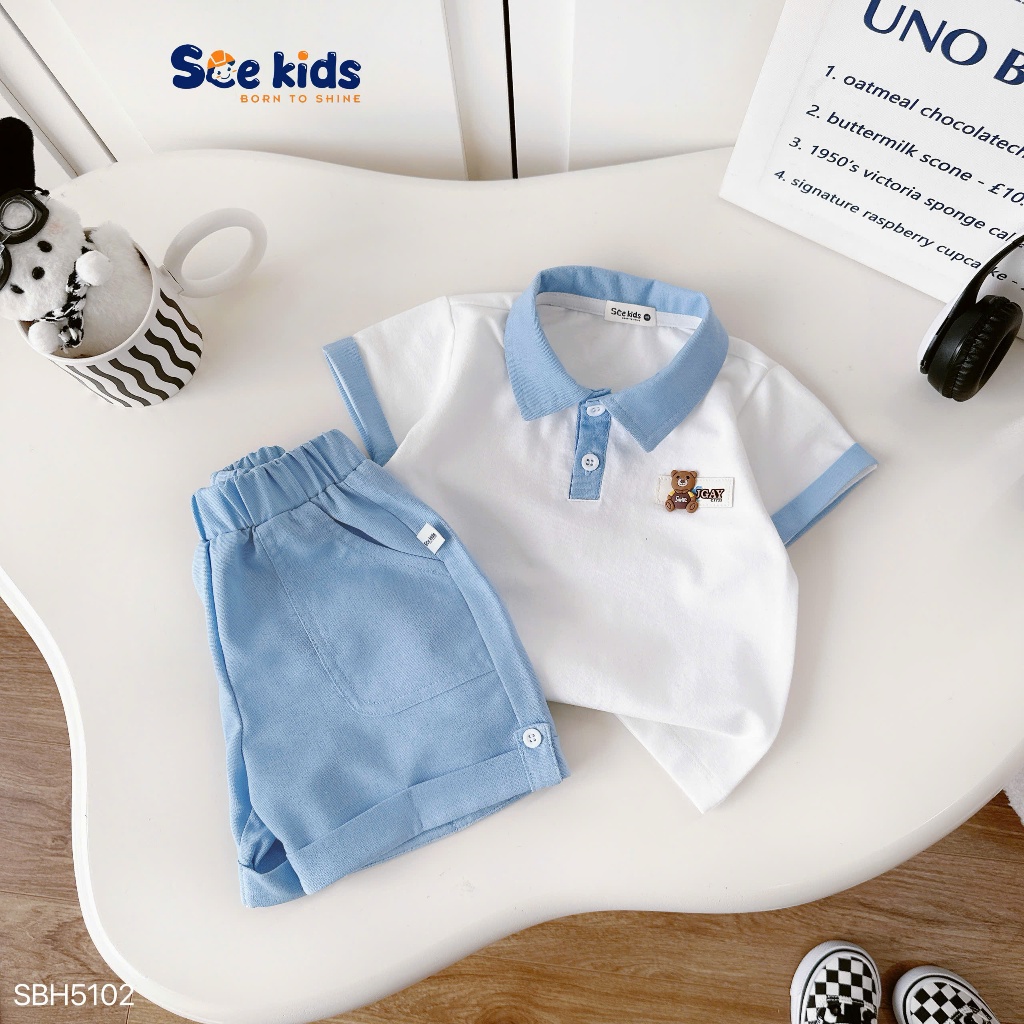 Bộ polo cộc tay phối tag gấu dễ thương bé trai, set polo bé trai đi học đi chơi