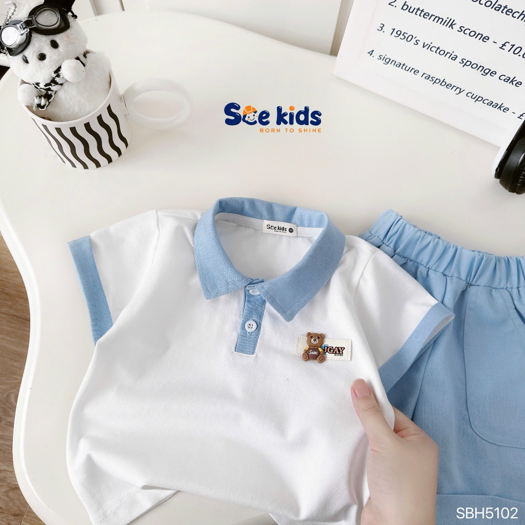 Bộ polo cộc tay phối tag gấu dễ thương bé trai, set polo bé trai đi học đi chơi