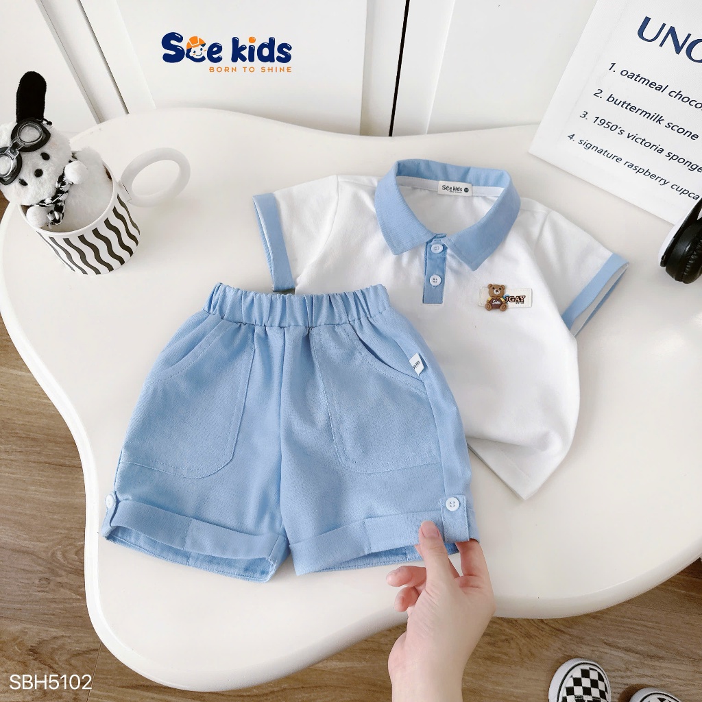 Bộ polo cộc tay phối tag gấu dễ thương bé trai, set polo bé trai đi học đi chơi