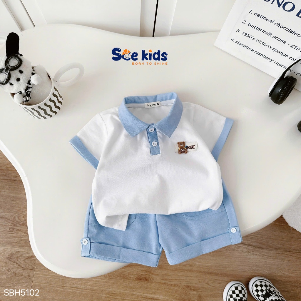 Bộ polo cộc tay phối tag gấu dễ thương bé trai, set polo bé trai đi học đi chơi